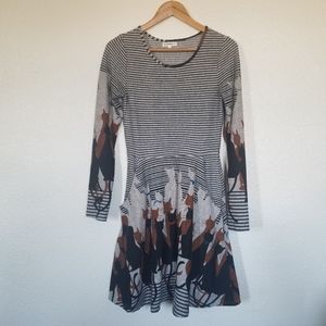 Striped Cat Print Long Sleeve Dress with Pockets